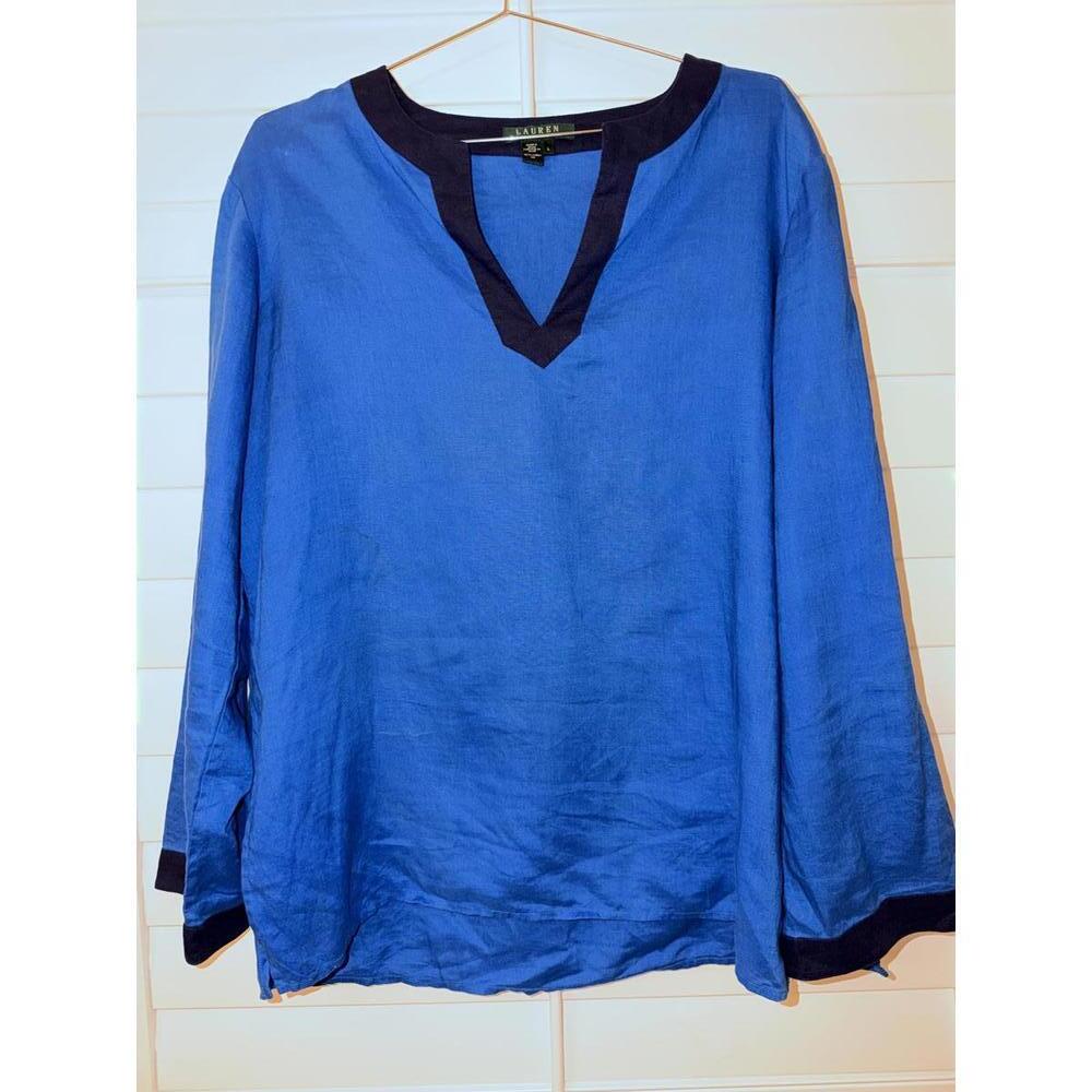 Lauren by‎ Ralph Lauren blue tunic top with navy trim size L 100% Linen - Picture 2 of 7